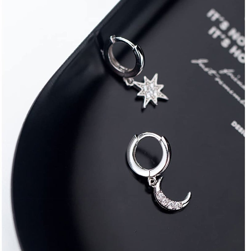 Reffeer Solid 925 Sterling Silver CZ Star Moon Drop Hoop Earrings for Women Teen Girls Crystal Moon Star Hoop Earrings Dangle (A-Silver) - Image 3